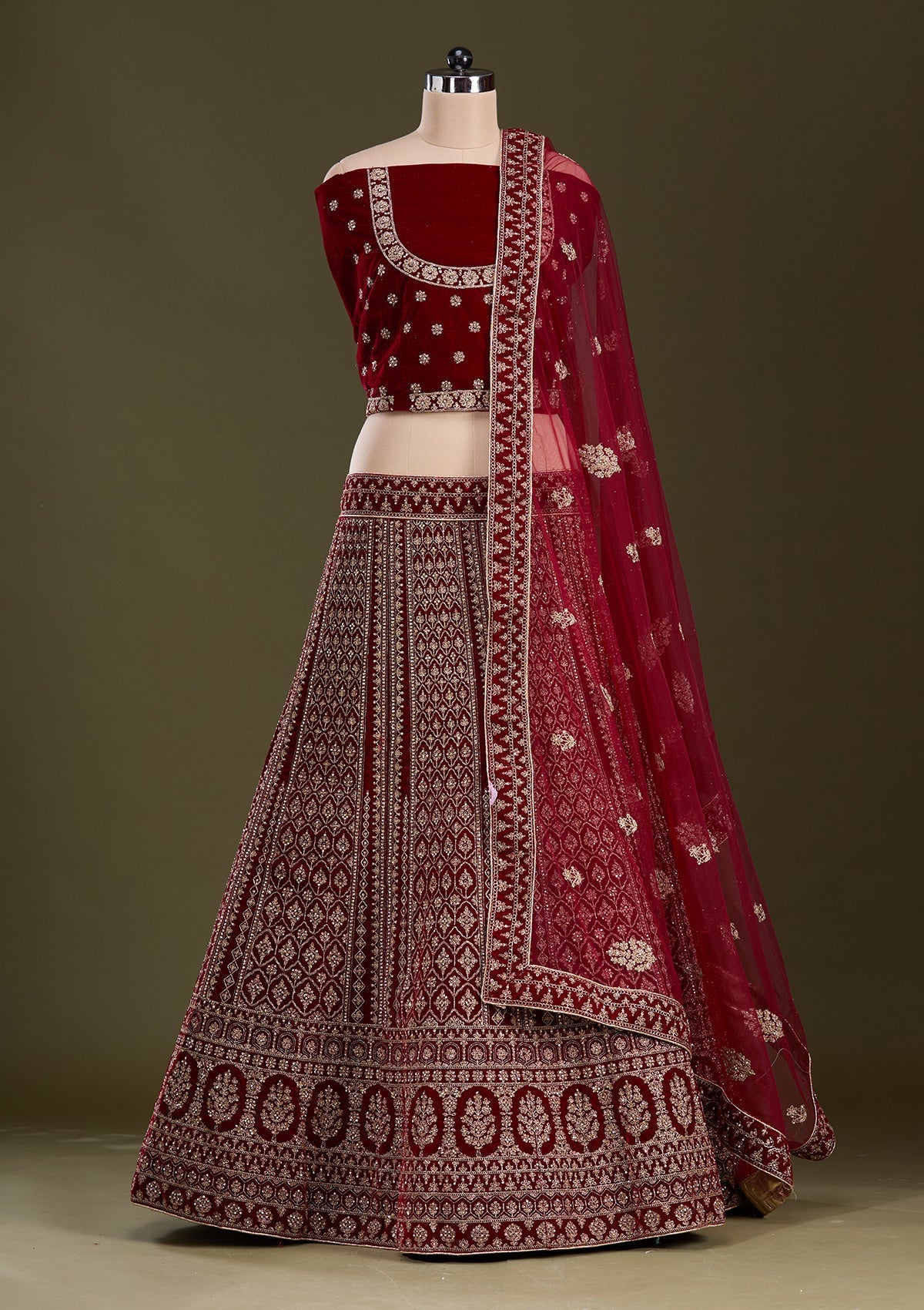 Maroon Cording Velvet Readymade Lehenga-Koskii