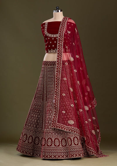 Maroon Cording Velvet Readymade Lehenga-Koskii