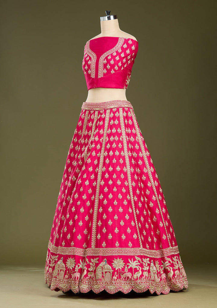 Rani Pink Zardozi (Gold) Raw Silk Readymade Lehenga
