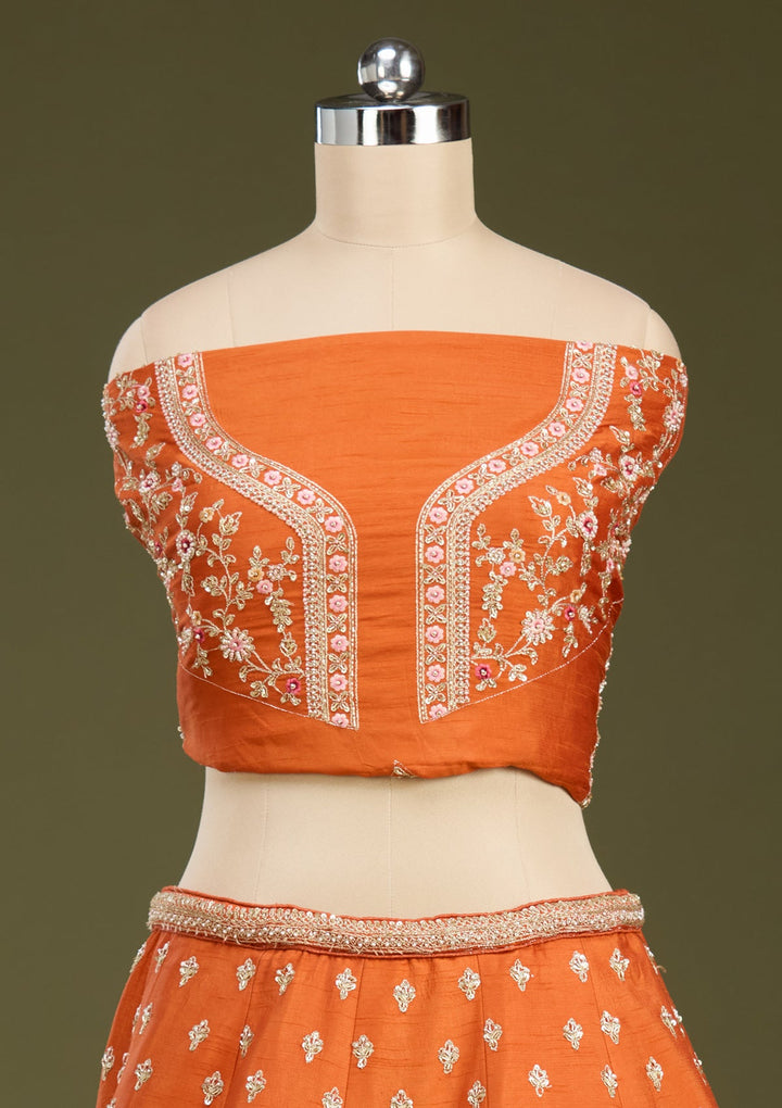 Rust Zardozi (Gold) Raw Silk Readymade Lehenga