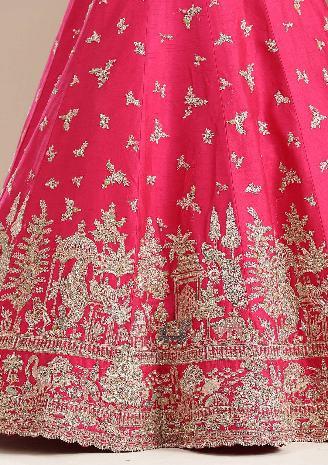 Rani Pink Zardozi (Gold) Raw Silk Semi-Stitched Lehenga