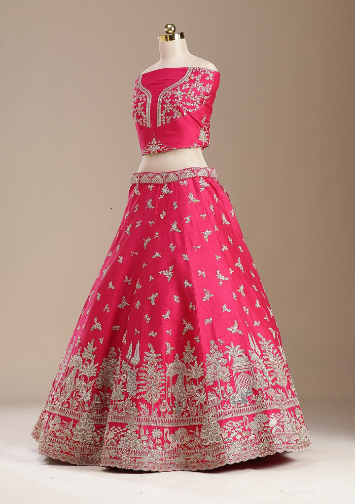 Rani Pink Zardozi (Gold) Raw Silk Semi-Stitched Lehenga