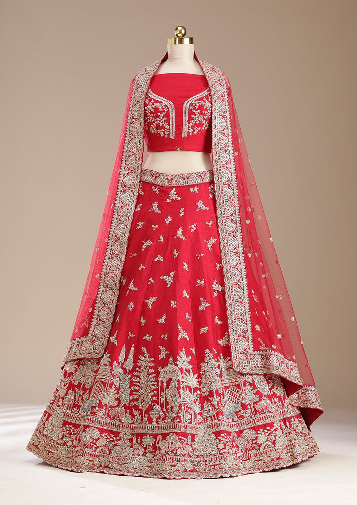 Red Zardozi (Gold) Raw Silk Semi-Stitched Lehenga