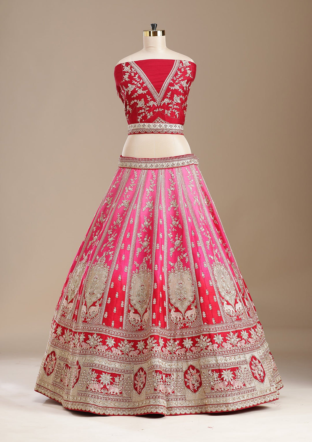 Rani Pink Zardozi (Gold) Raw Silk Semi-Stitched Lehenga
