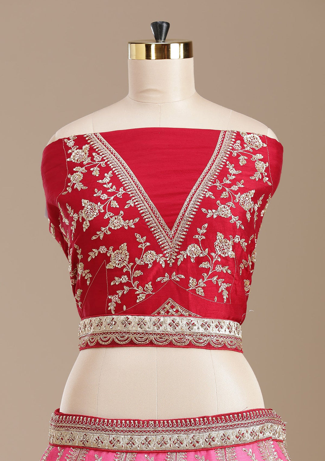 Rani Pink Zardozi (Gold) Raw Silk Semi-Stitched Lehenga