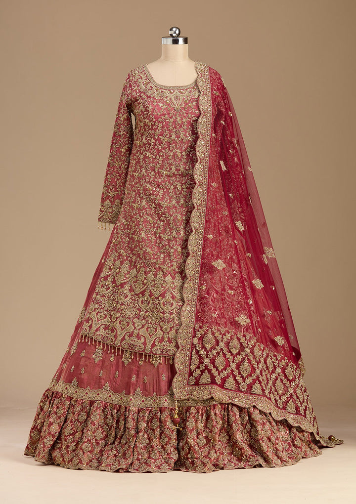 Maroon Stonework (Gold) Tissue Readymade Lehenga-koskii
