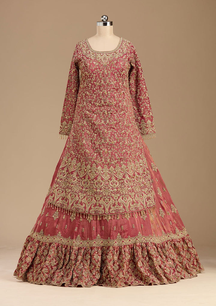 Maroon Stonework (Gold) Tissue Readymade Lehenga-koskii