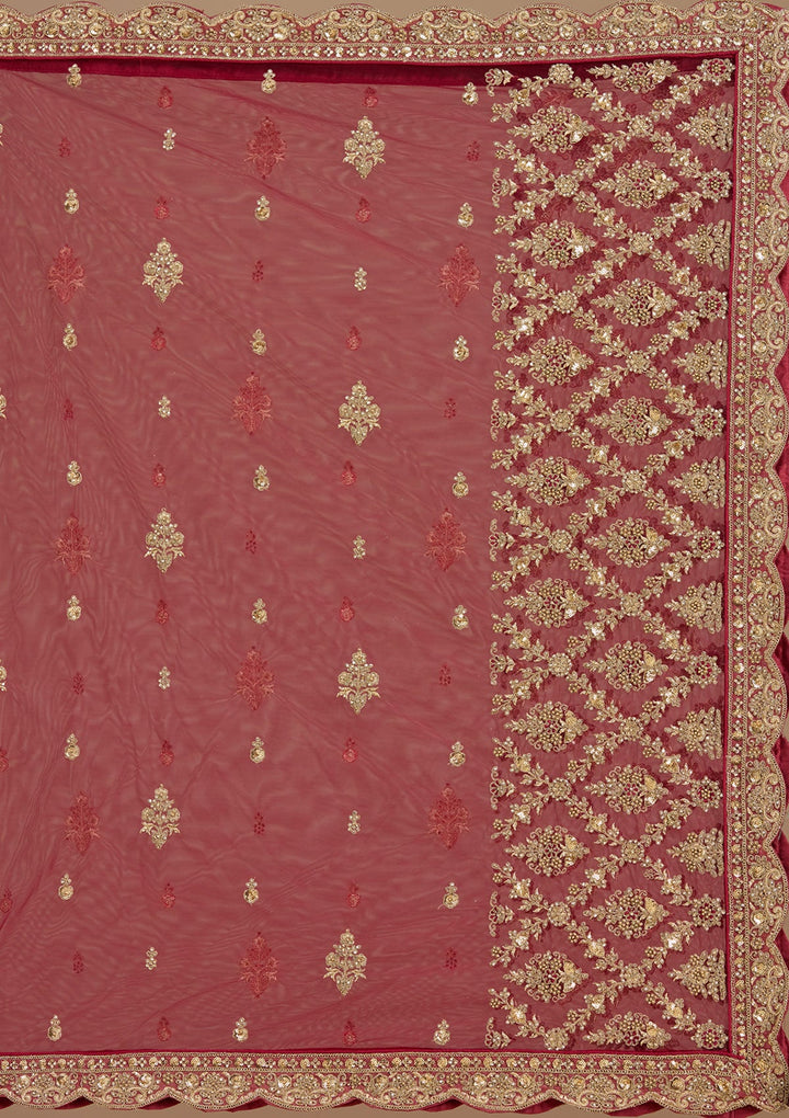 Maroon Stonework (Gold) Tissue Readymade Lehenga-koskii
