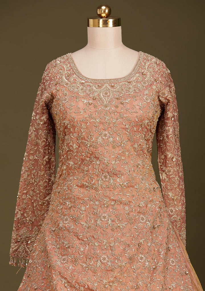 Peach Stonework (Gold) Tissue Readymade Lehenga