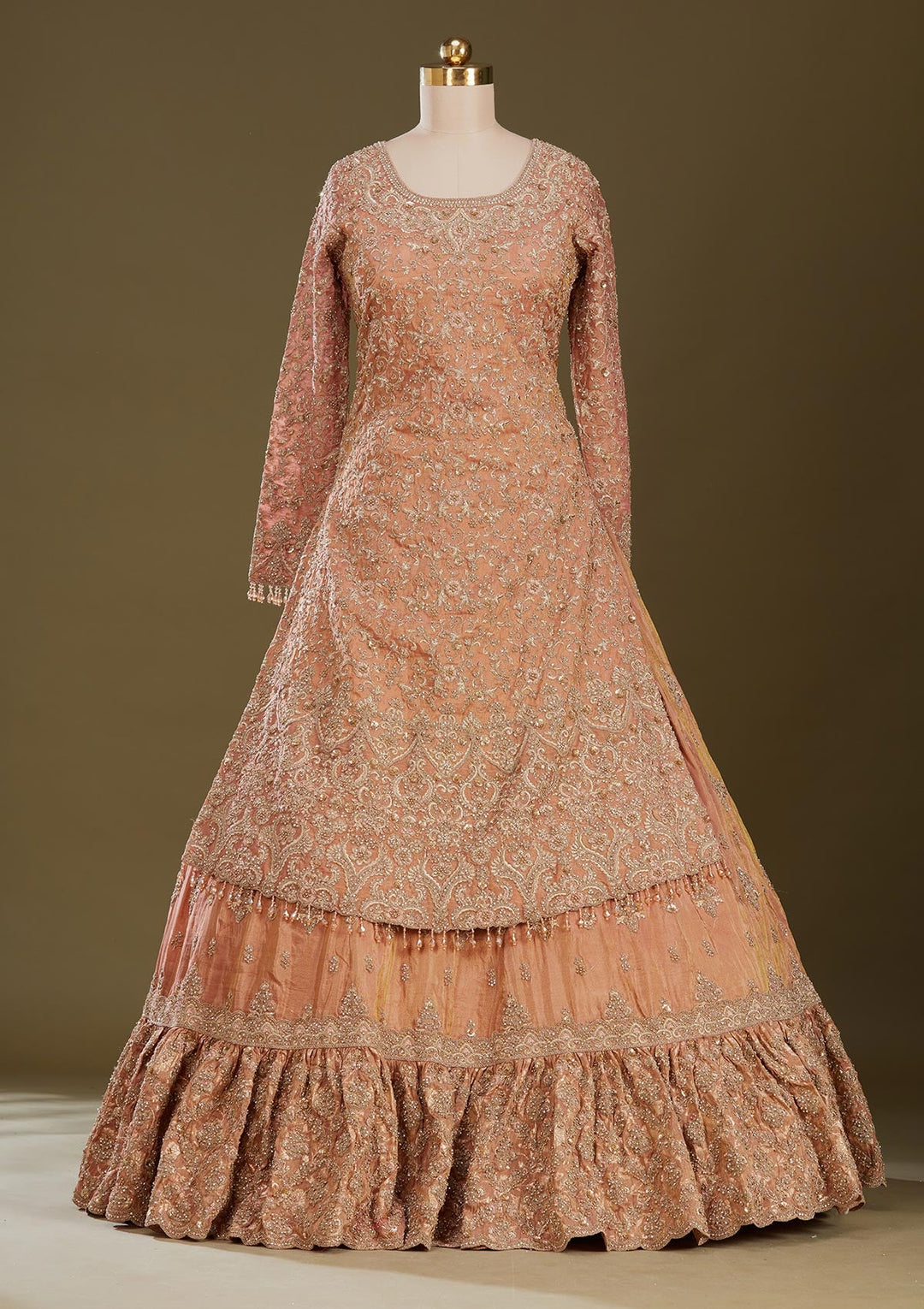 Peach Stonework (Gold) Tissue Readymade Lehenga