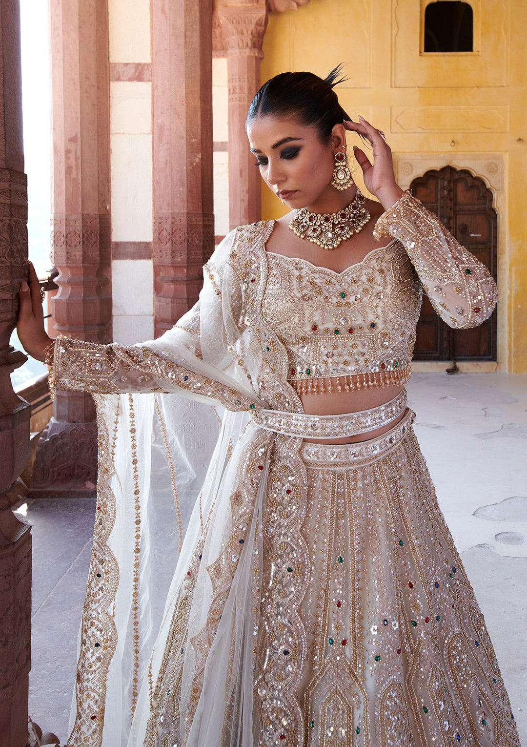 Off White Cording Net Readymade Lehenga
