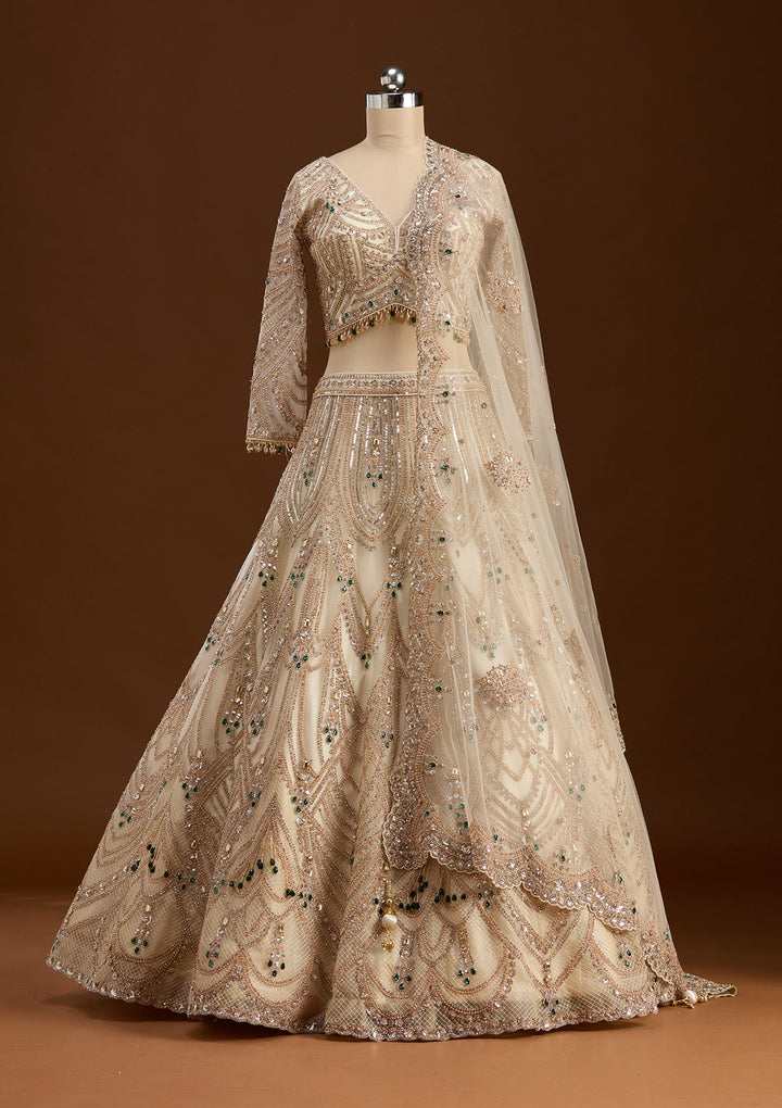 Off White Cording Net Readymade Lehenga-koskii