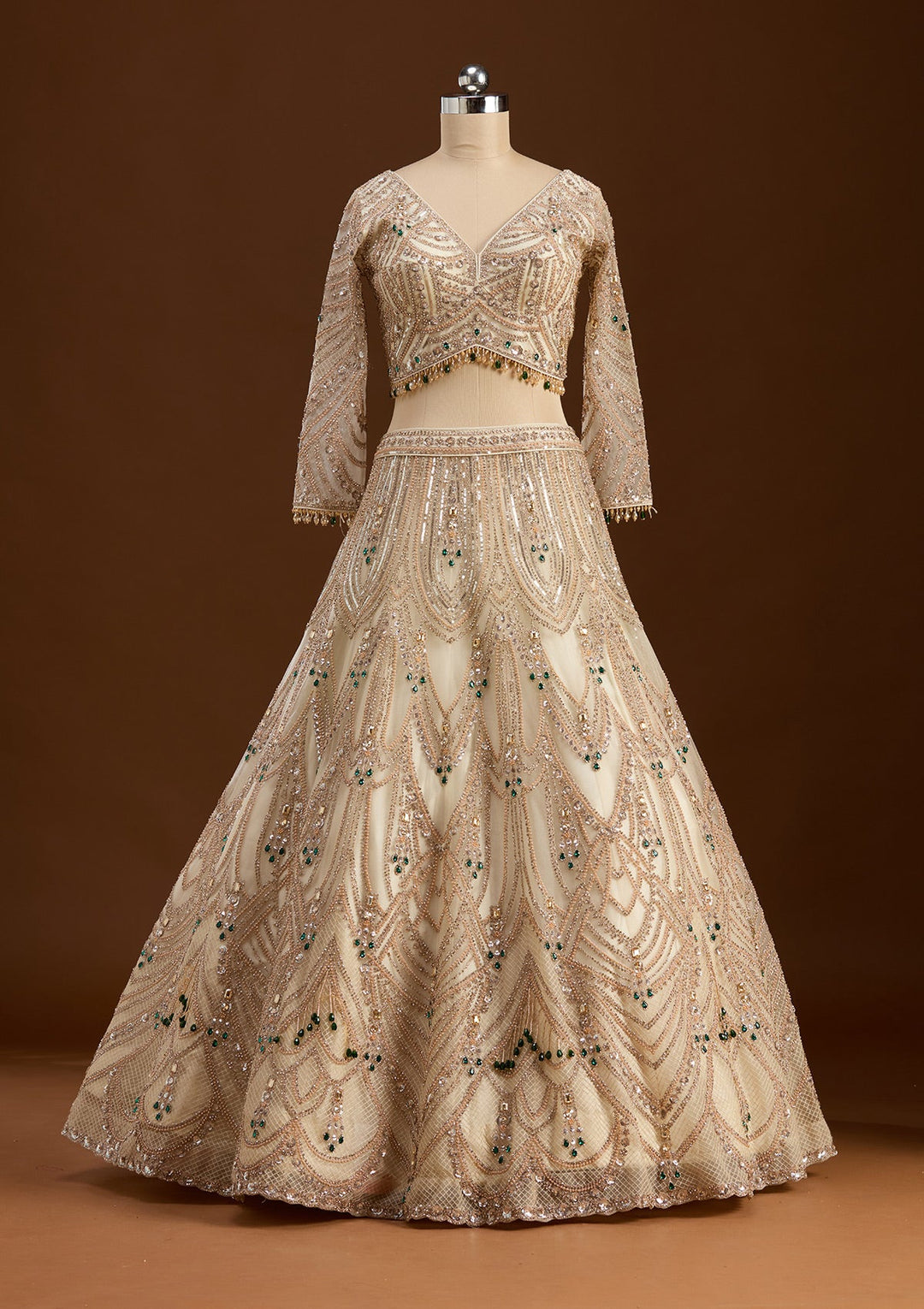 Off White Cording Net Readymade Lehenga-koskii