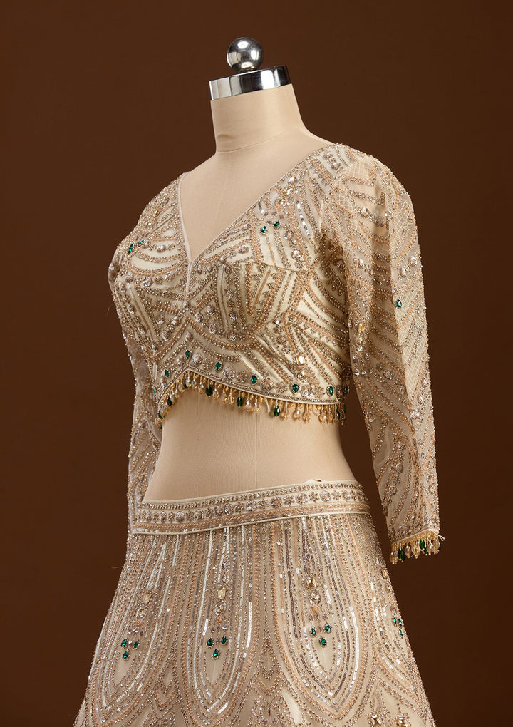 Off White Cording Net Readymade Lehenga-koskii