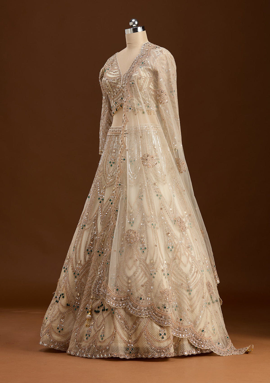 Off White Cording Net Readymade Lehenga-koskii