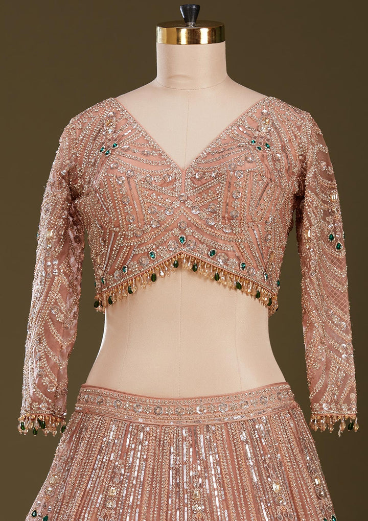 Peach Cording Net Readymade Lehenga