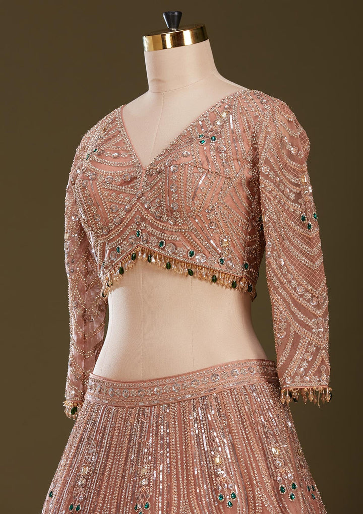 Peach Cording Net Readymade Lehenga
