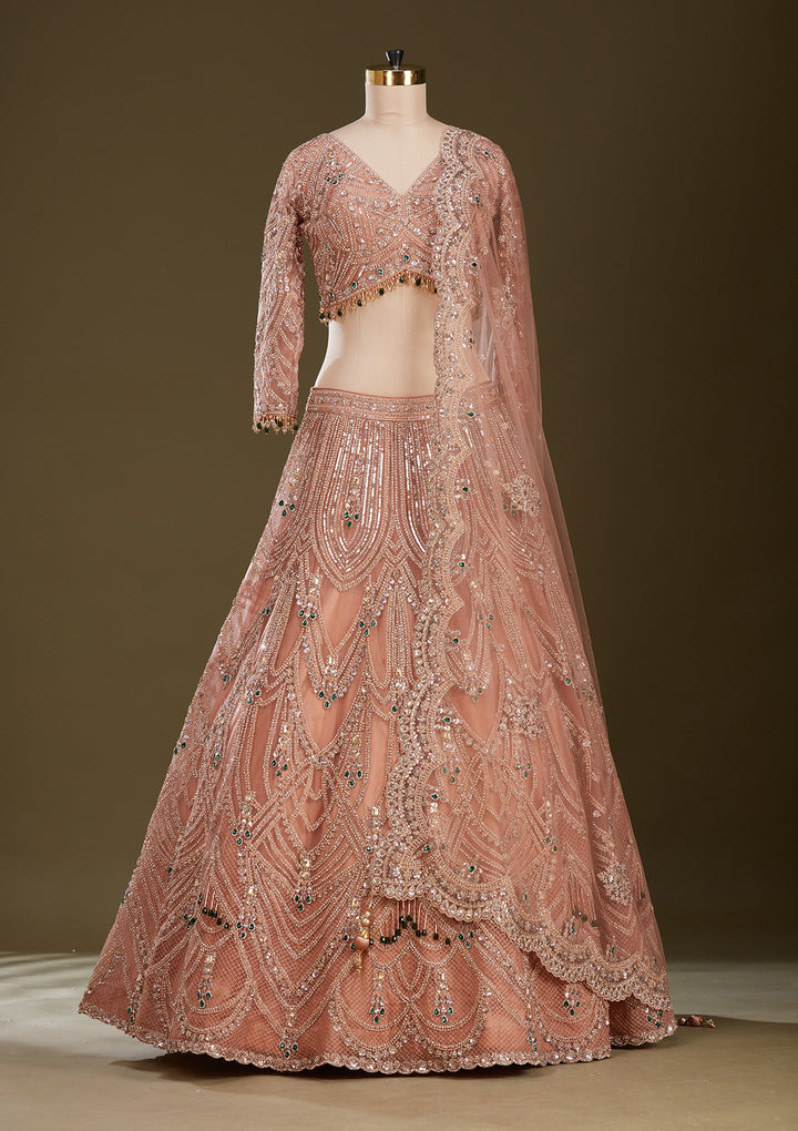 Peach Cording Net Readymade Lehenga