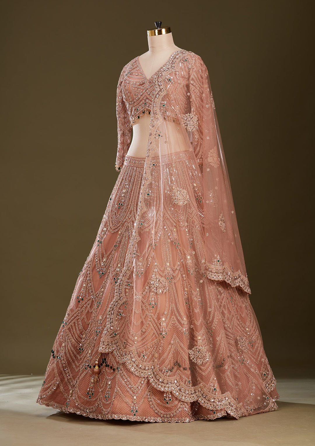 Peach Cording Net Readymade Lehenga