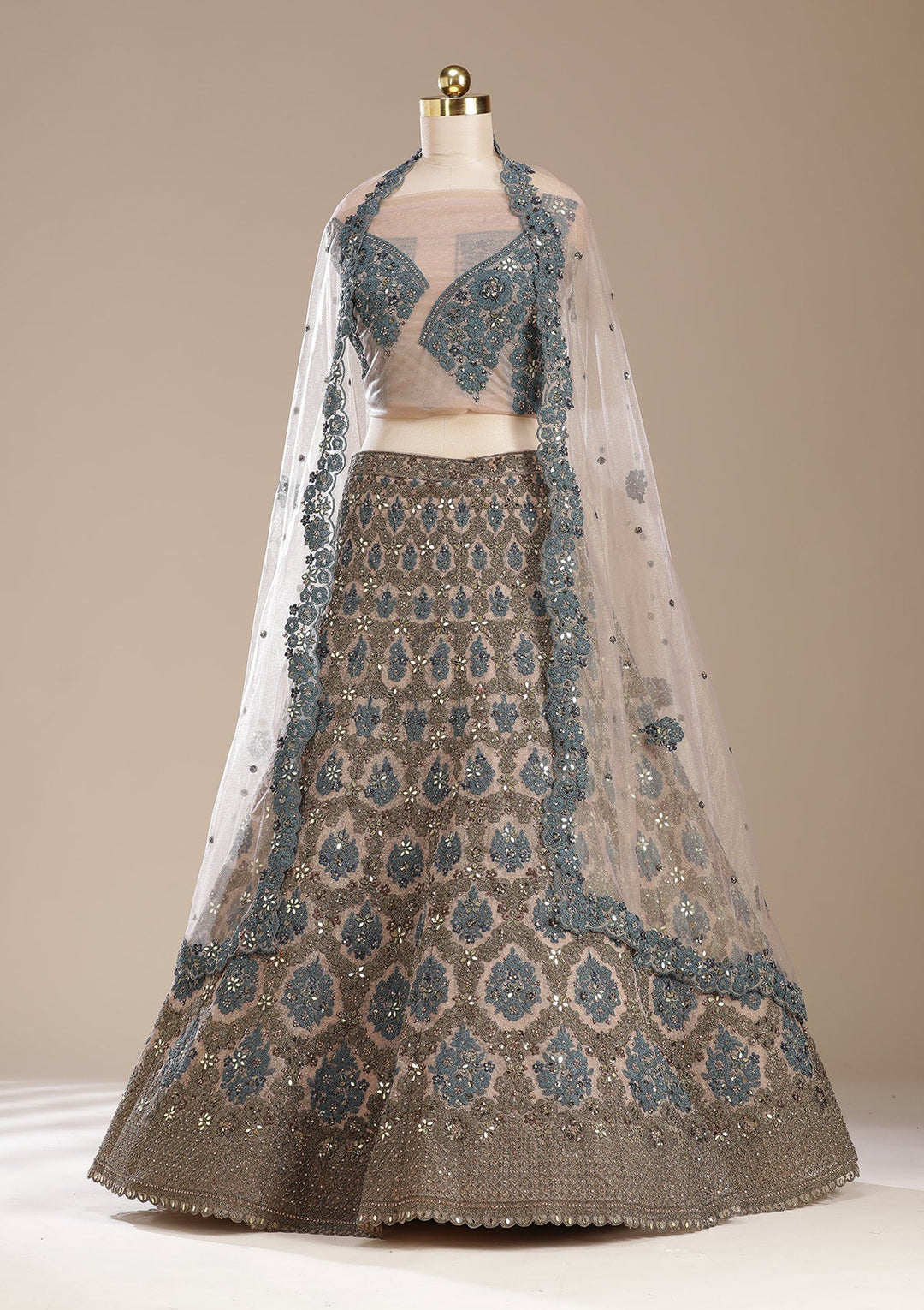 Beige Cording Net Readymade Lehenga-koskii