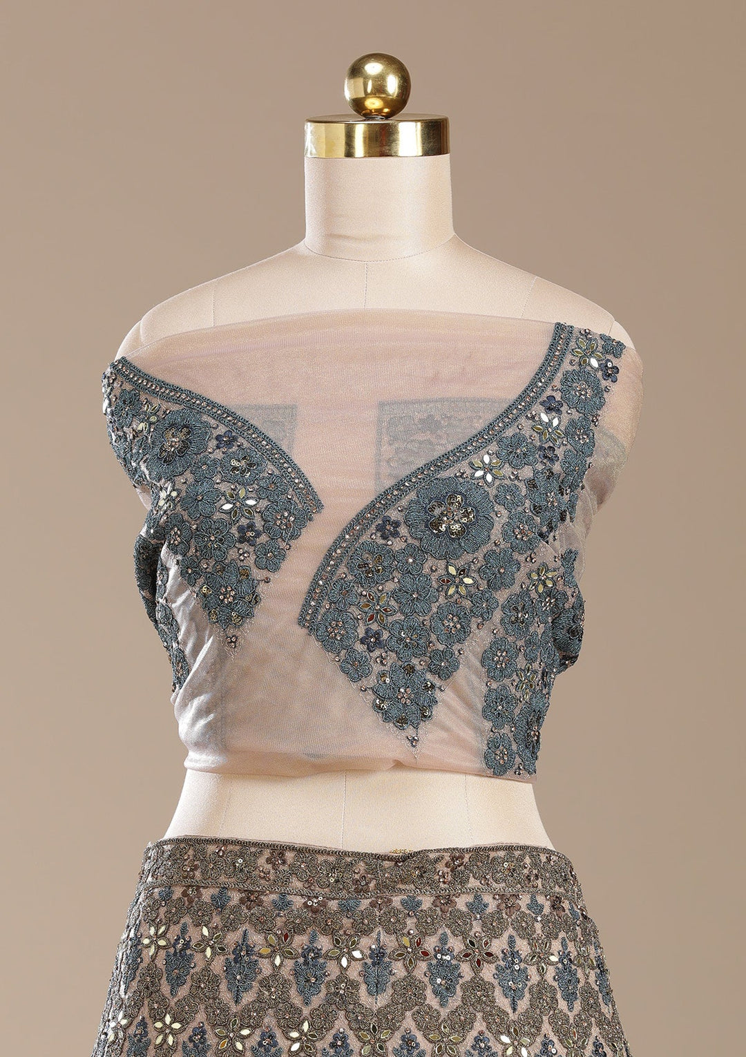Beige Cording Net Semi-Stitched Lehenga