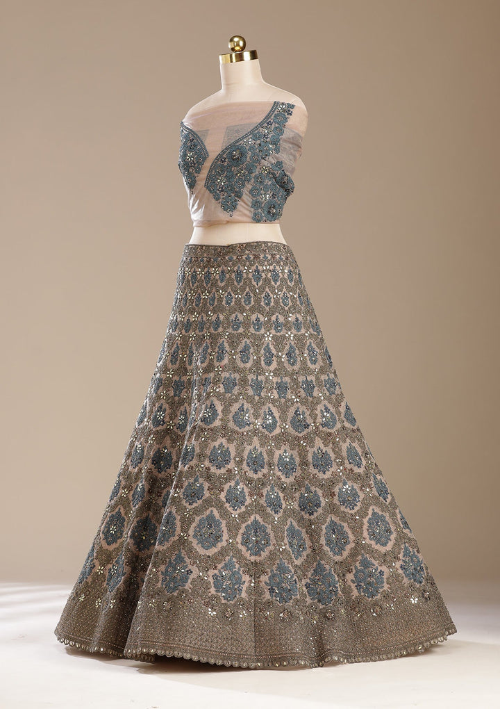 Beige Cording Net Semi-Stitched Lehenga