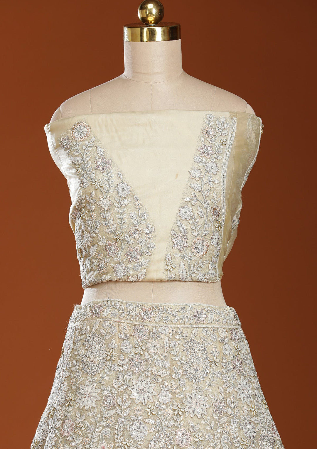 Off White Threadwork Net Semi-Stitched Lehenga