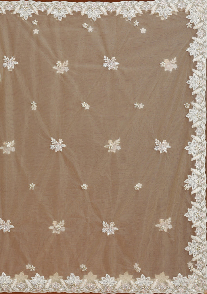 Off White Threadwork Net Semi-Stitched Lehenga