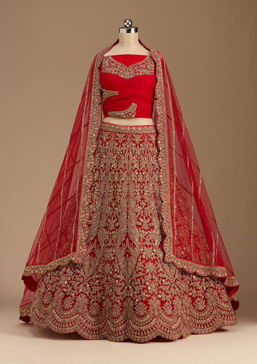 Red Cutdana Net Semi-Stitched Lehenga-koskii