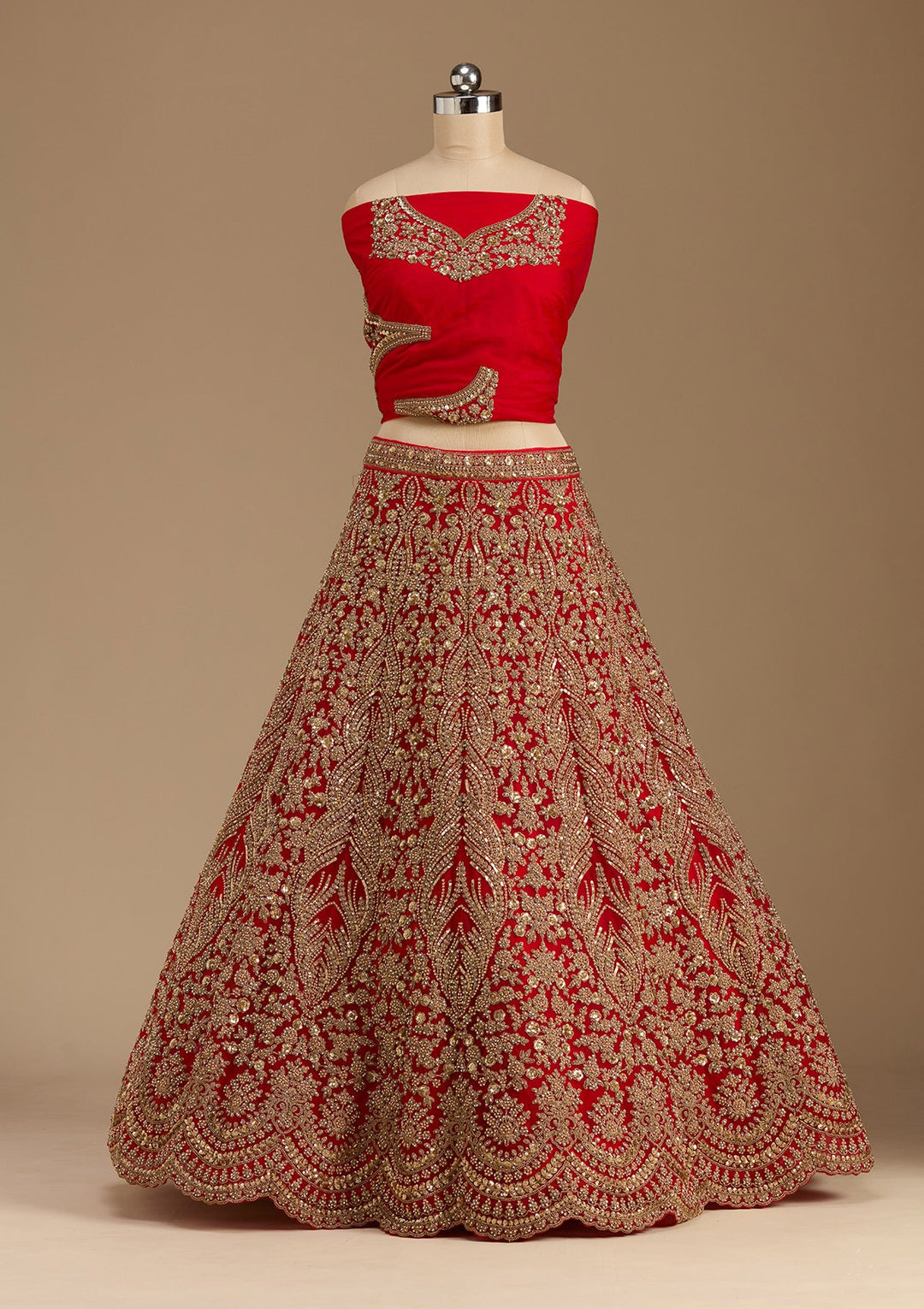 Red Cutdana Net Semi-Stitched Lehenga-koskii