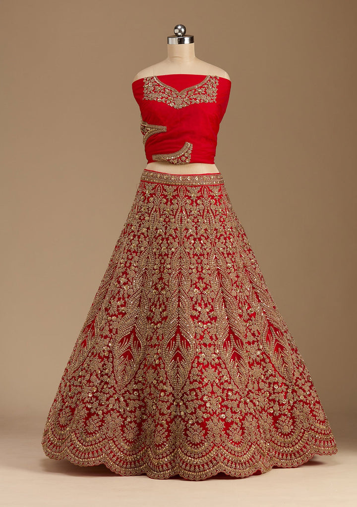 Red Cutdana Net Semi-Stitched Lehenga-koskii