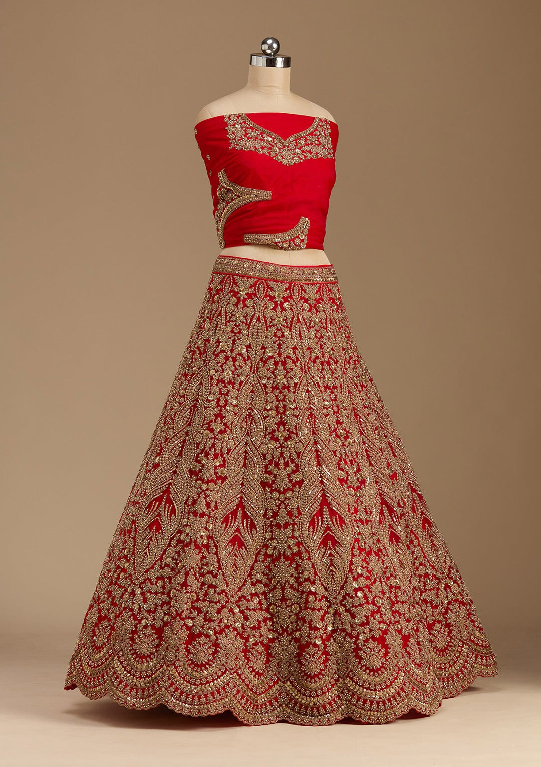 Red Cutdana Net Semi-Stitched Lehenga-koskii