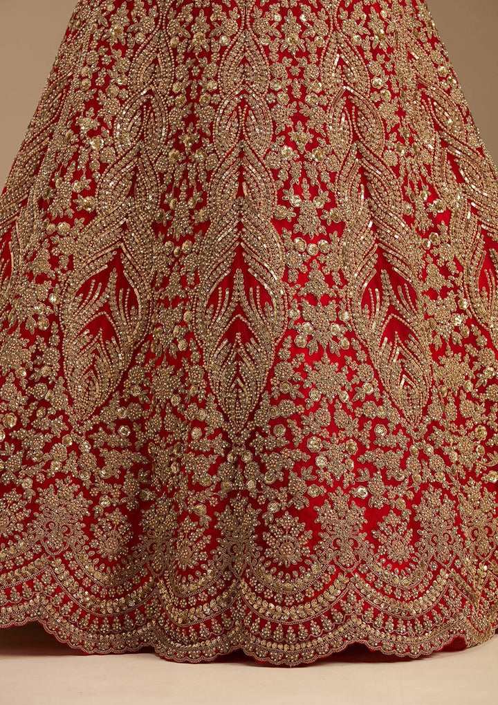 Red Cutdana Net Semi-Stitched Lehenga-koskii