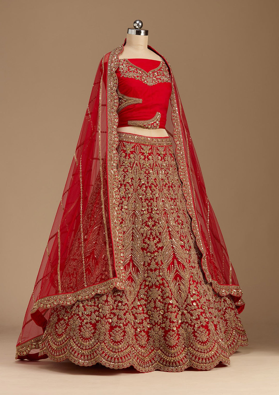 Red Cutdana Net Semi-Stitched Lehenga-koskii