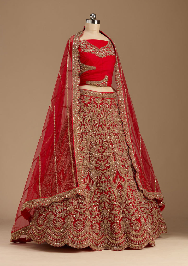 Red Cutdana Net Semi-Stitched Lehenga-koskii
