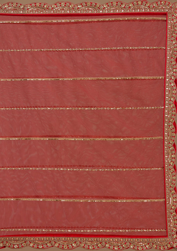 Red Cutdana Net Semi-Stitched Lehenga-koskii