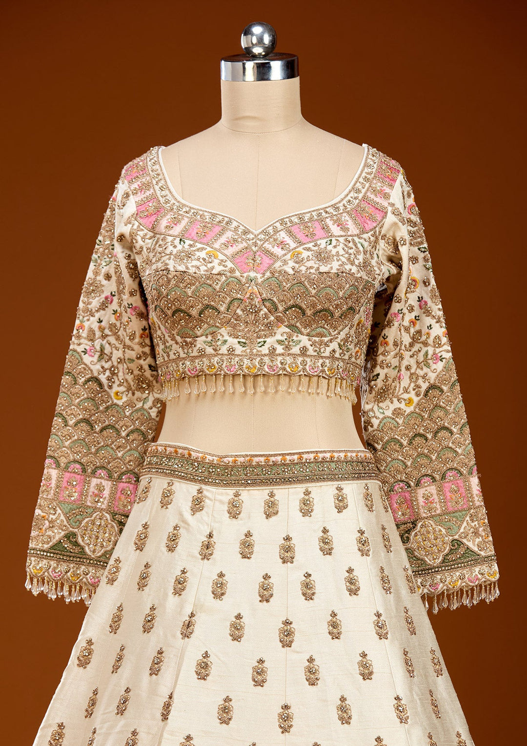 Off White Threadwork Raw Silk Readymade Lehenga