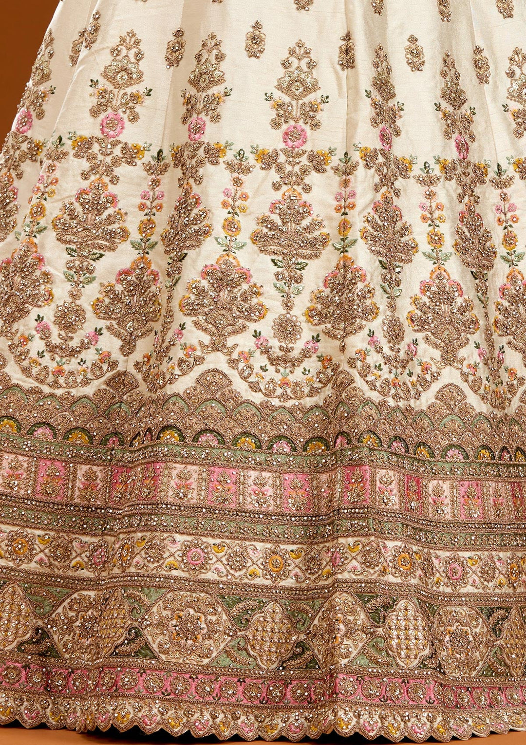 Off White Threadwork Raw Silk Readymade Lehenga