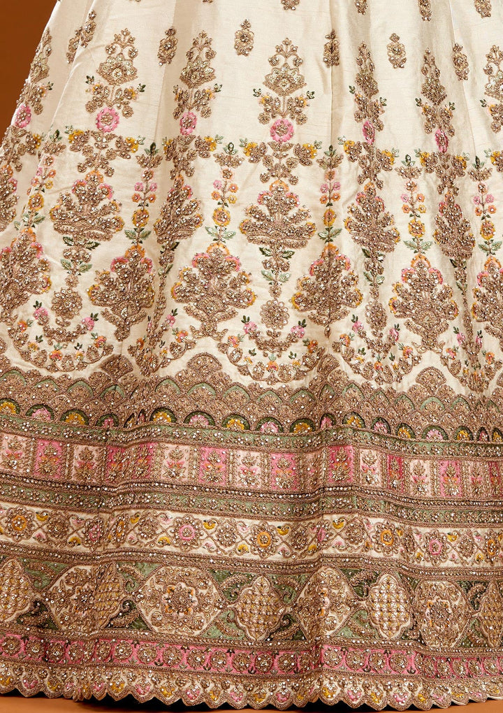 Off White Threadwork Raw Silk Readymade Lehenga