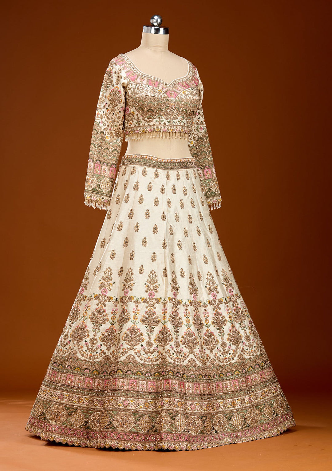 Off White Threadwork Raw Silk Readymade Lehenga