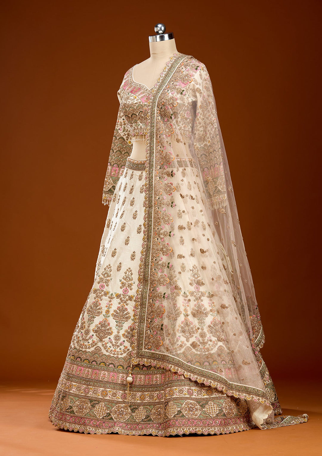 Off White Threadwork Raw Silk Readymade Lehenga