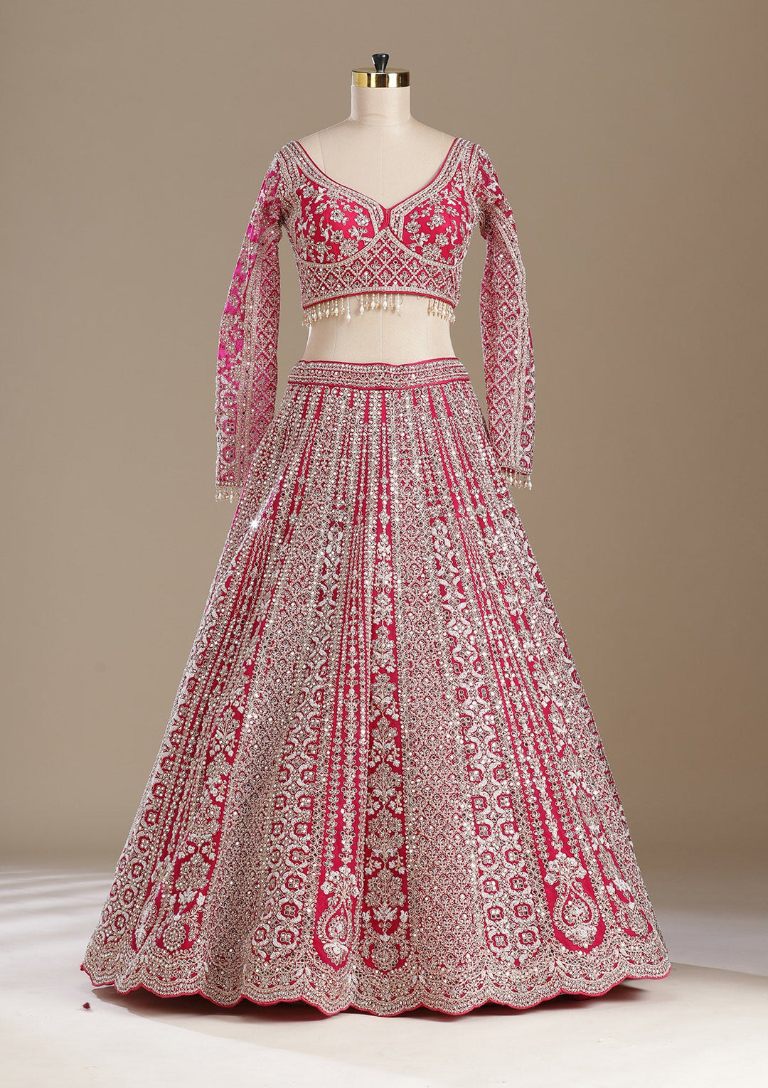Rani Pink Mirrorwork Net Readymade Lehenga-koskii