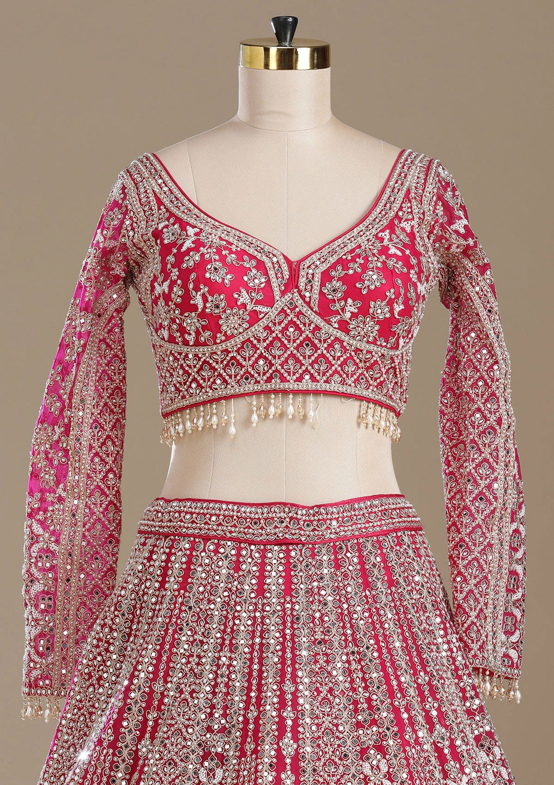 Rani Pink Mirrorwork Net Readymade Lehenga-koskii