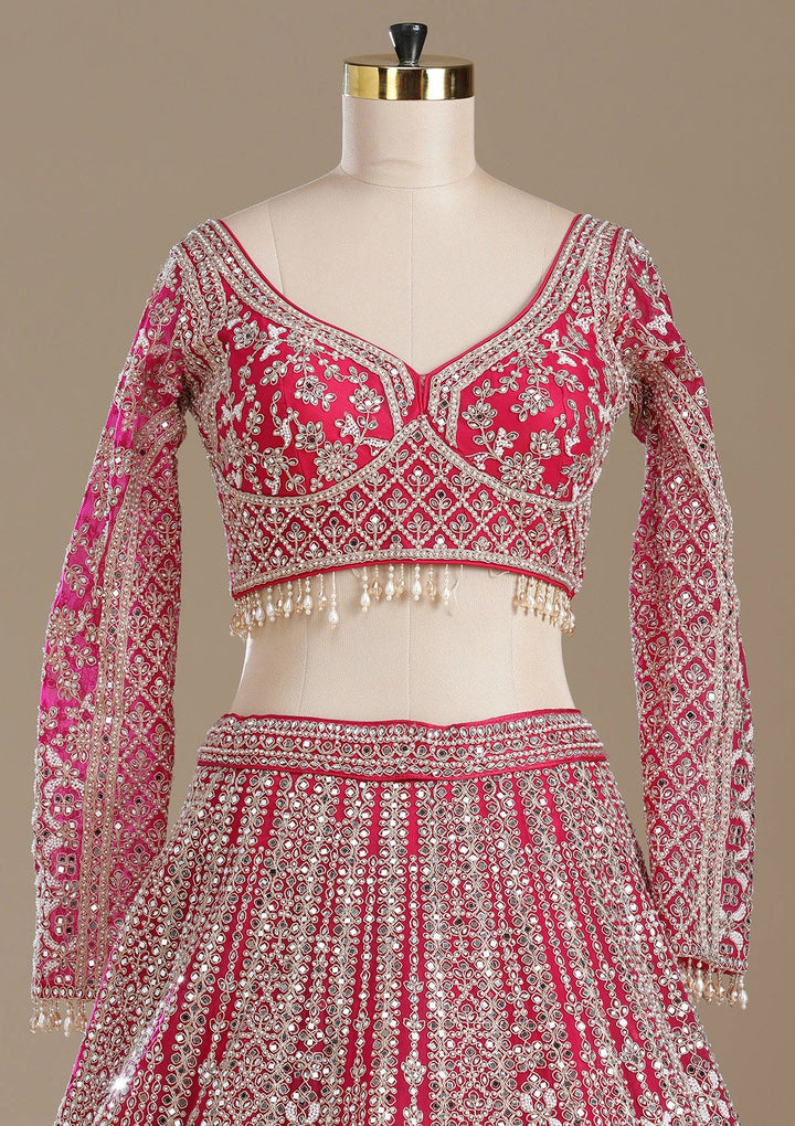 Rani Pink Mirrorwork Net Readymade Lehenga-koskii