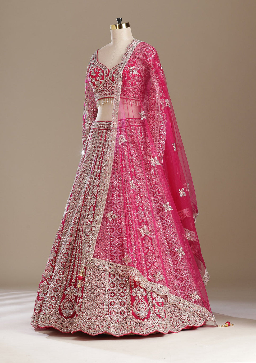Rani Pink Mirrorwork Net Readymade Lehenga-koskii