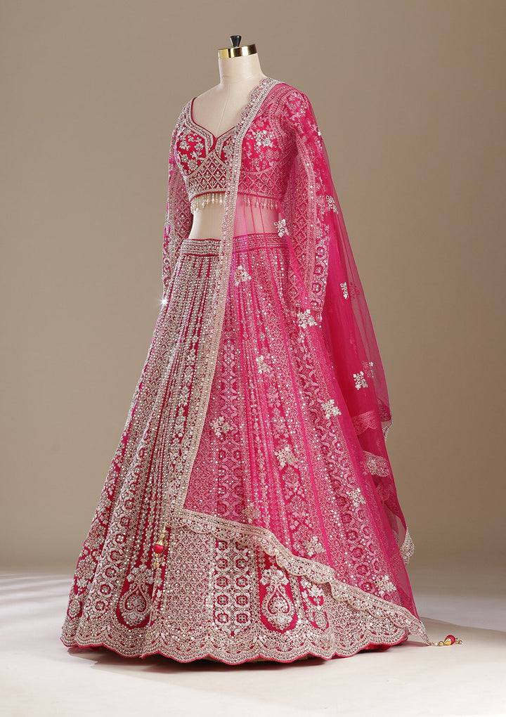 Rani Pink Mirrorwork Net Readymade Lehenga-koskii