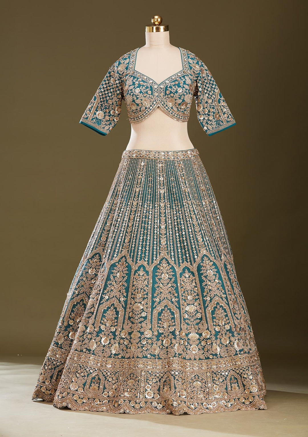 Peacock Blue Sequins Net Readymade Lehenga