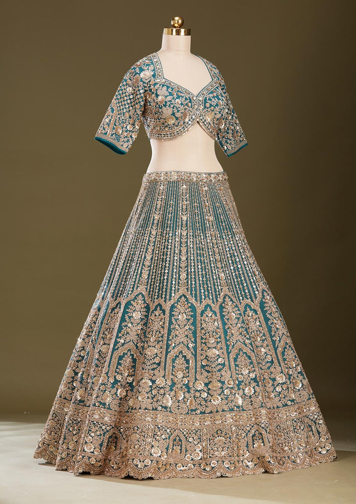 Peacock Blue Sequins Net Readymade Lehenga