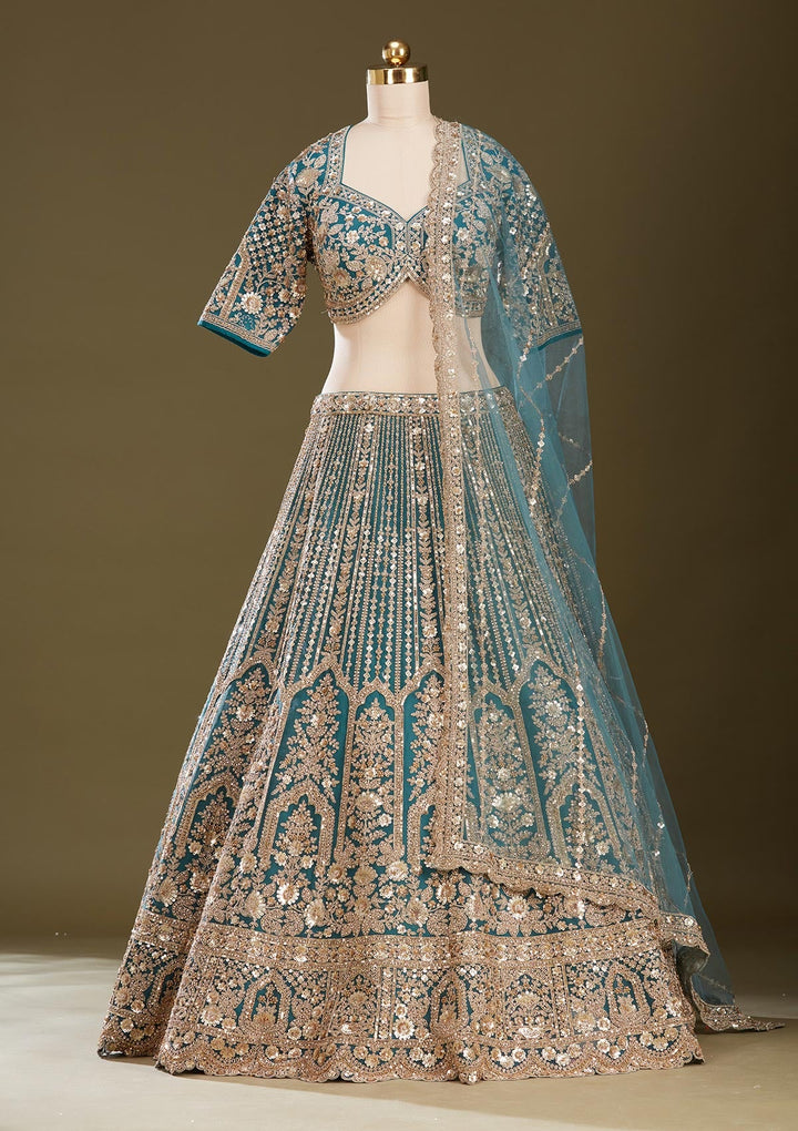 Peacock Blue Sequins Net Readymade Lehenga