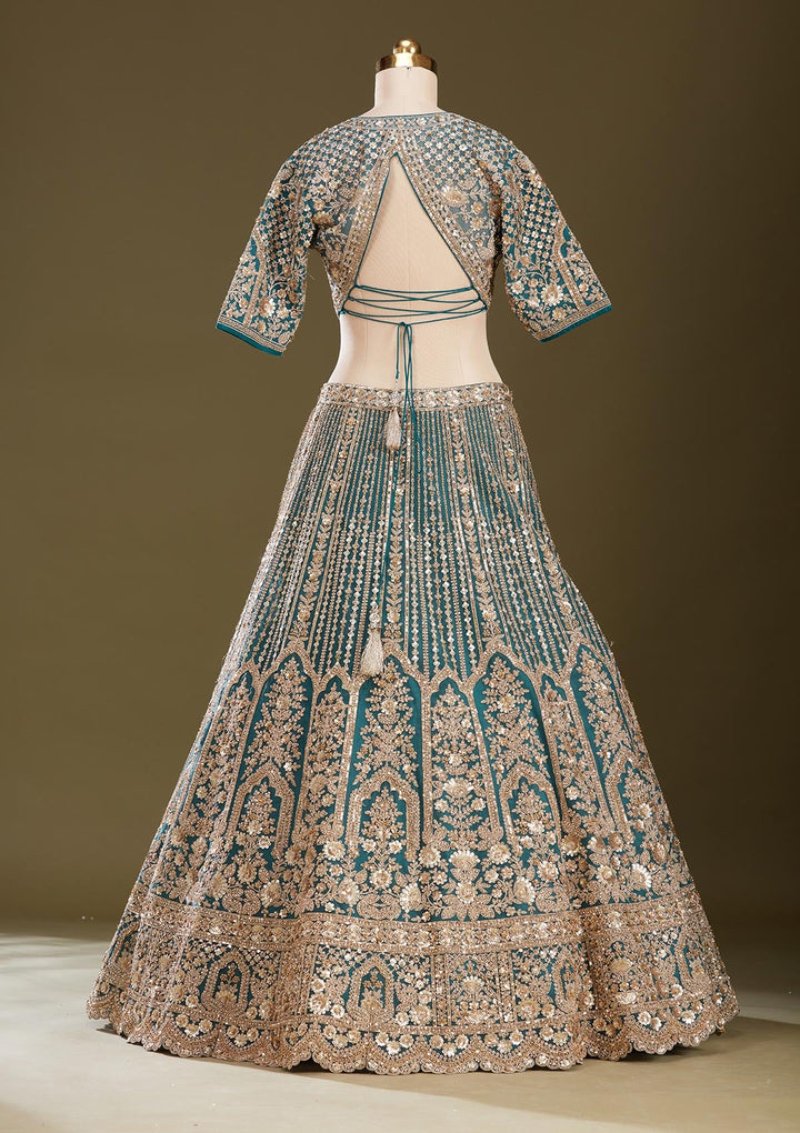 Peacock Blue Sequins Net Readymade Lehenga